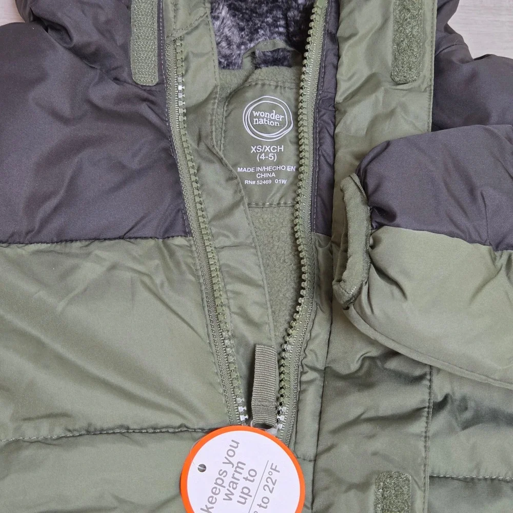 Wonder Nation Boys Green Black Bubble Jacket XS XCH 4 5 Water Resistant Hooded